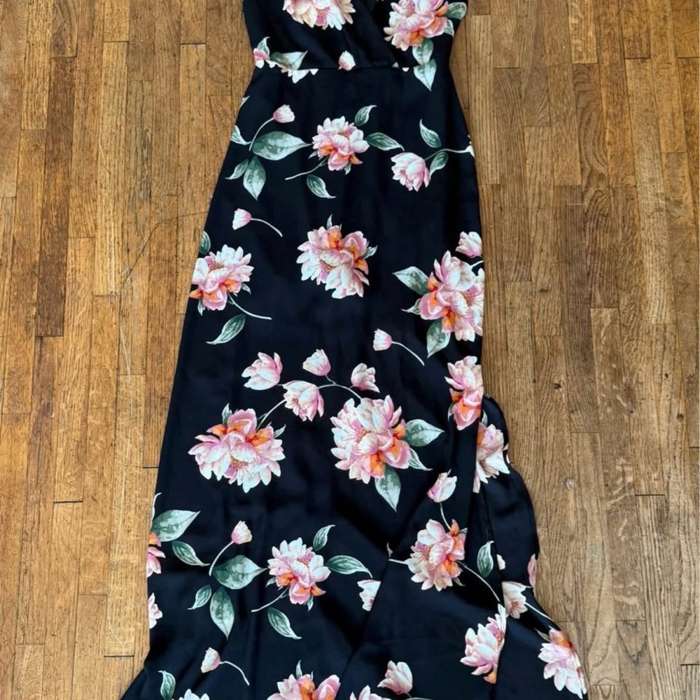 Floral Long black Dress with Pink and Green Accents